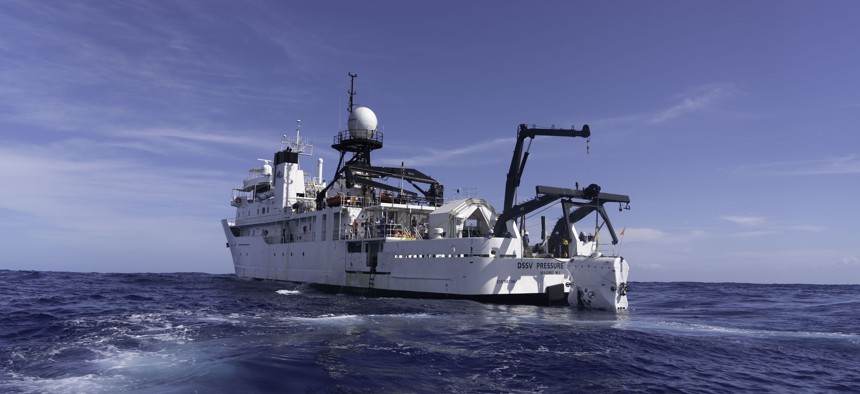 Caladan Oceanic's Deep Submersible Support Vessel Pressure Drop launches the full ocean depth submersible called Limiting Factor, from Triton Submarines.
