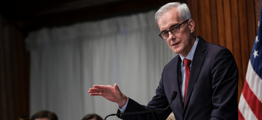 Secretary of Veterans Affairs Denis McDonough gestures as he speaks at a luncheon at the National Press Club on November 09, 2021 in Washington, DC. McDonough told the press April 26 that the agency is warning veterans of potential dangers from the February Change Heathcare ransomware attack.